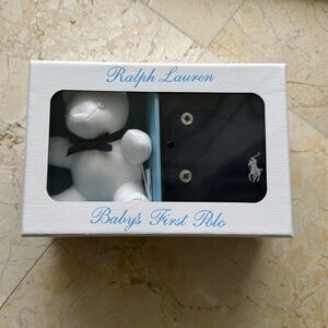 Ralph Lauren 3M Baby’s First Polo Gift Set Baby Shower Navy Blue Teddy Bear NWT